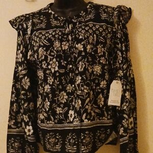 Time and Tru Women's Black and White Floral Blouse